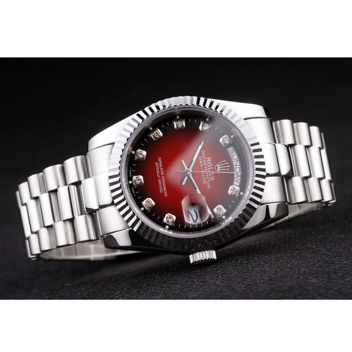 Aaa fake watches Stainless Tone Red Day-Date Two Rolex Steel Dial Polished 0731